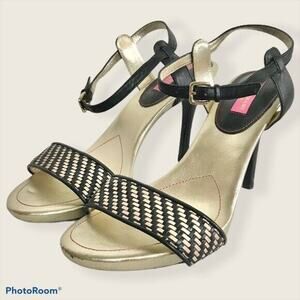 Isaac Mizrahi New York Size 8 Isbelle High Heels Black Gold Date Night Leather
